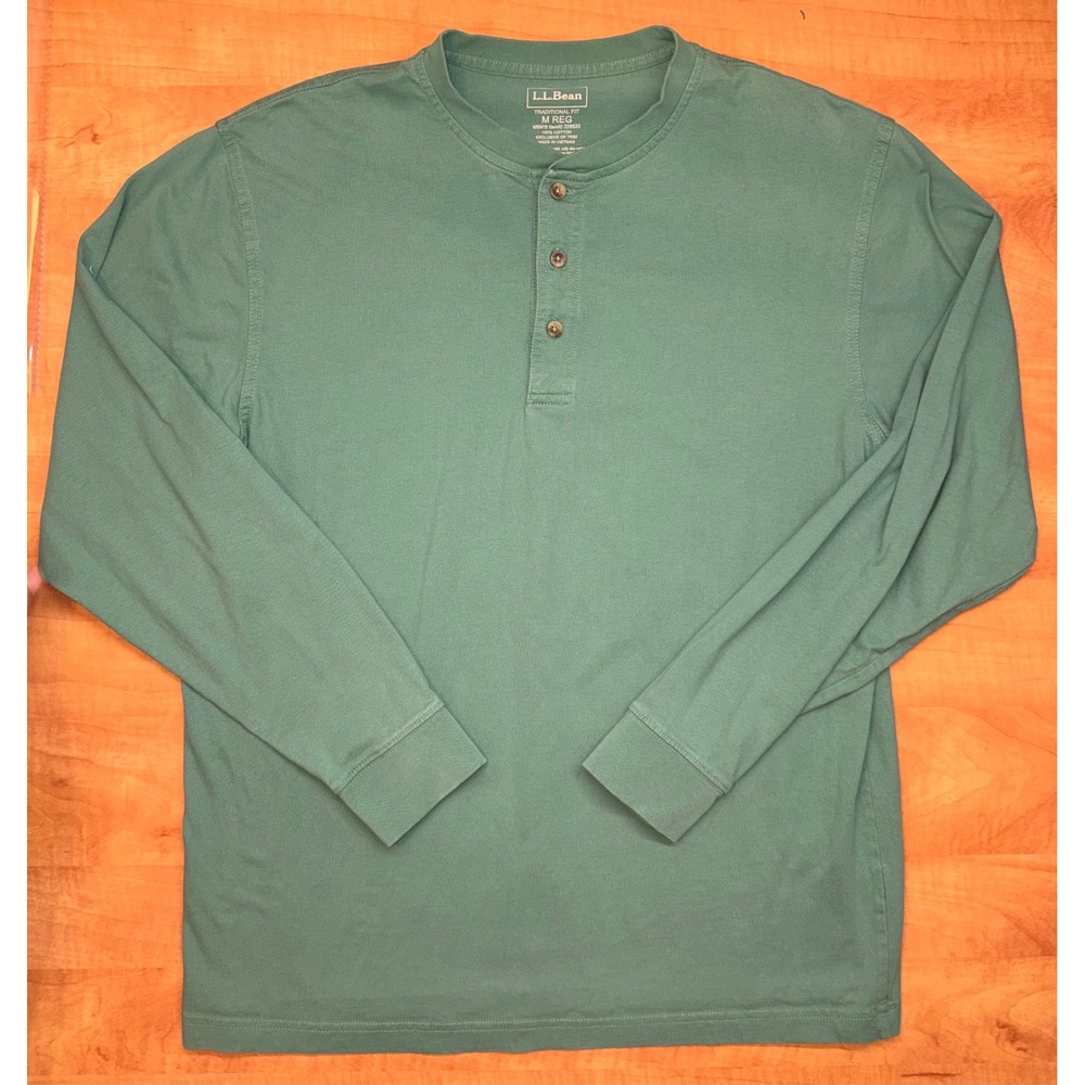 LL Bean Mens Henley Shirt Medium Regular Teal Green Long Sleeve Cotton